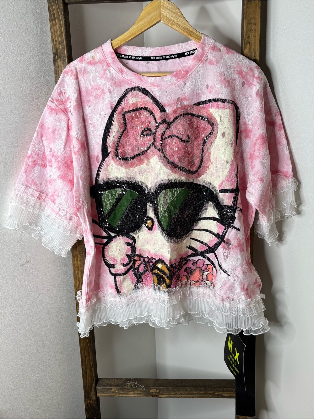 Pink Hello Kitty Sequin Lace-Trim Short Sleeve Tee